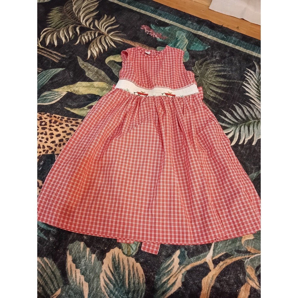 Vintage Anavini Girls Size 5 Red Gingham Smocked Teddy Bear Wagon Cotton Tie